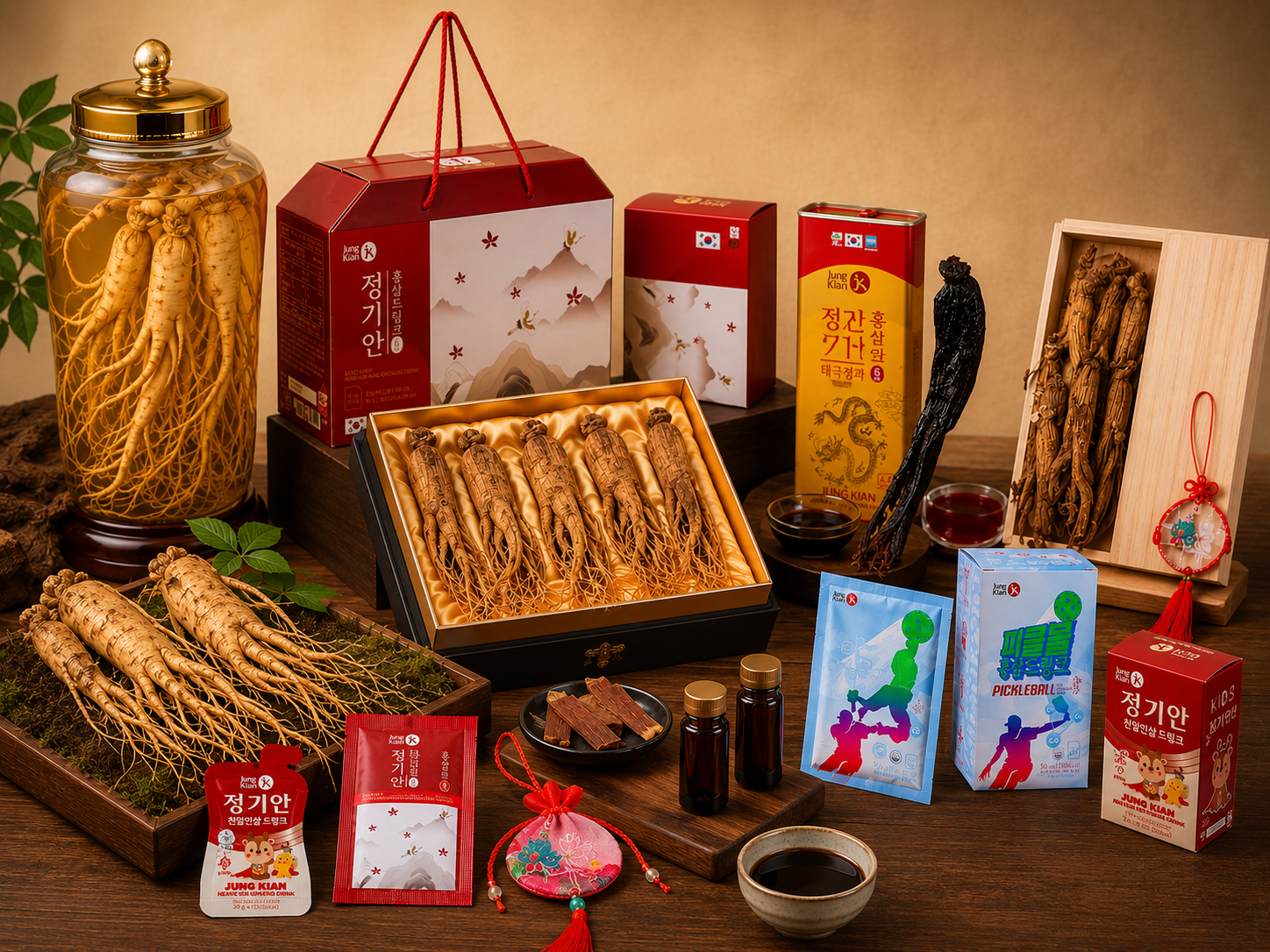 Jung Kian có đa dạng sự lựa chọn về Sâm như loại củ khô, tẩm mật ong, cho đến các dòng Nước uống Hồng Sâm