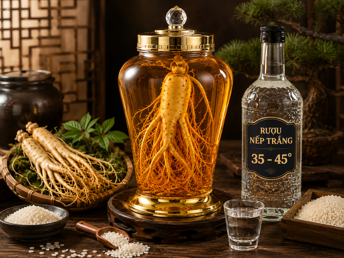 Chọn Rượu nếp trắng và bình thủy tinh sạch để ngâm Sâm