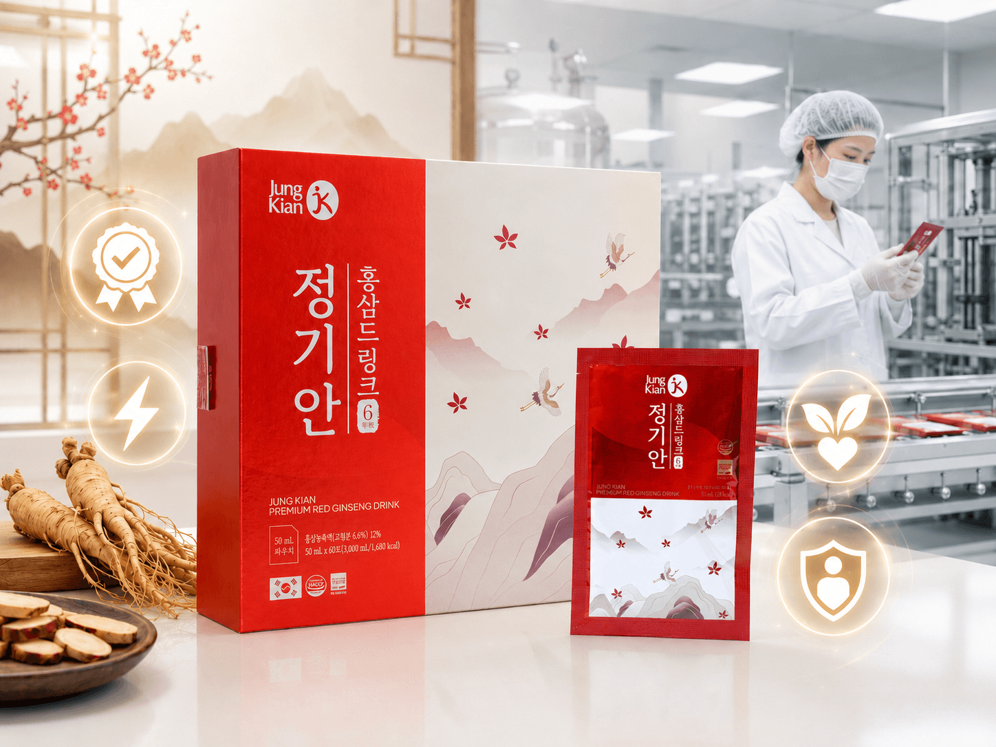 Nước uống hồng sâm Jung Kian Premium 6 - giải pháp tiện lợi của Hồng Sâm 6 năm tuổi bổ dưỡng