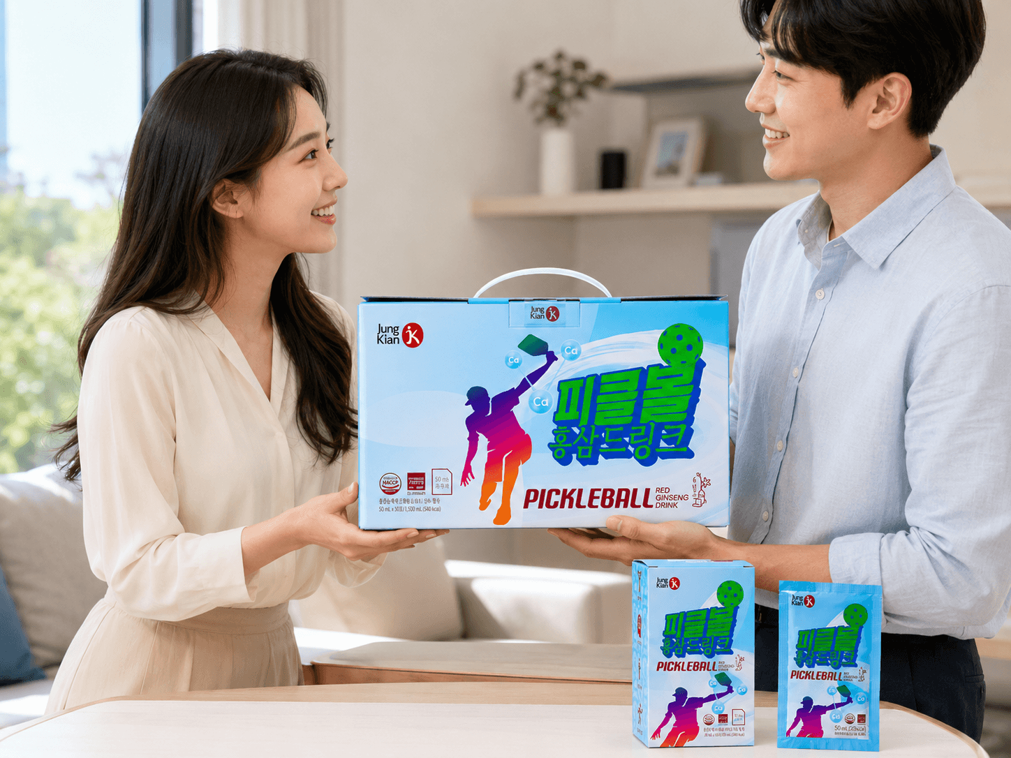 Nước uống hồng sâm Pickleball Jung Kian 6 làm quà tân gia cho người năng động