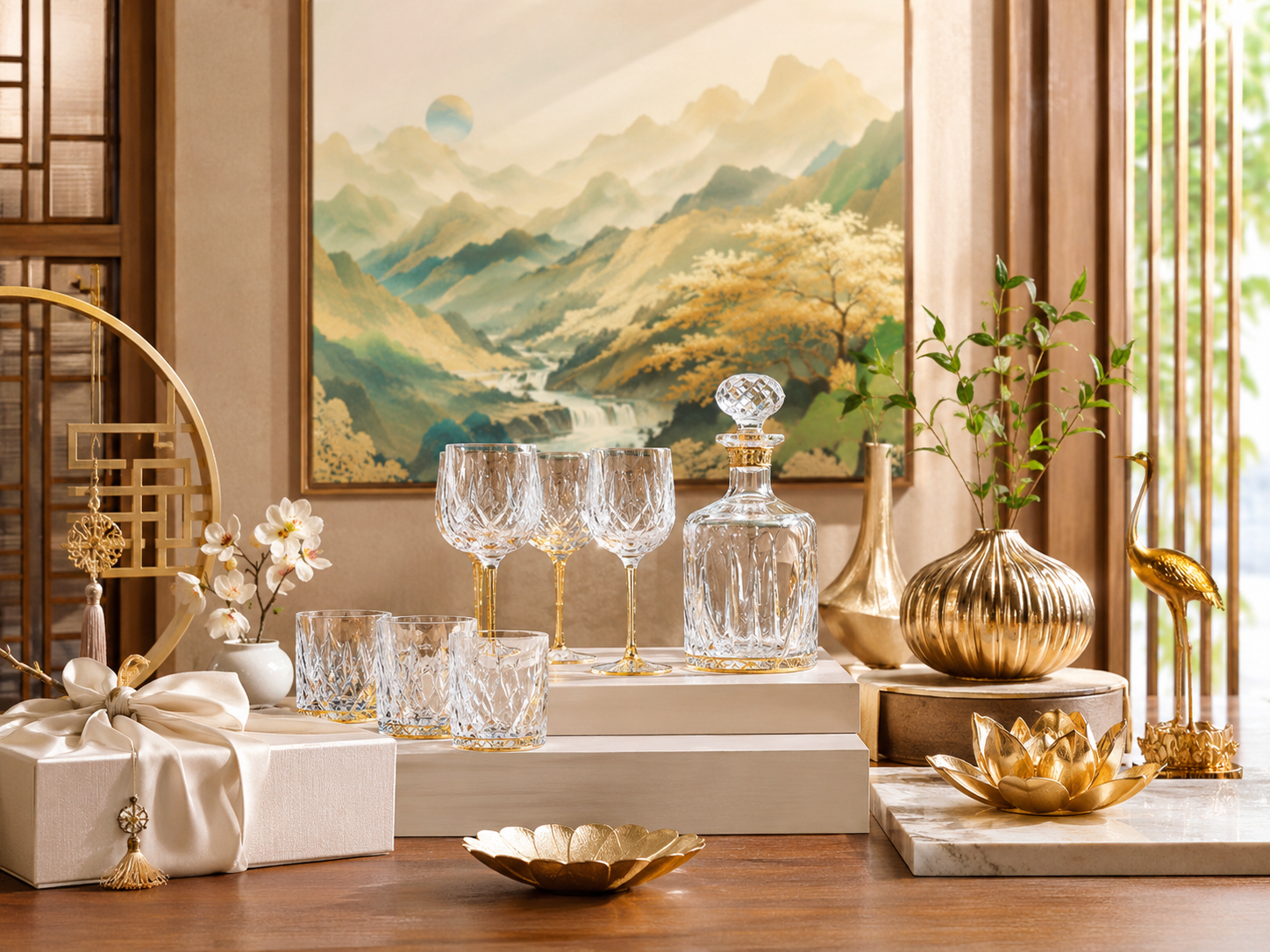 Bộ ly cốc, đồ decor theo tone màu trắng, vàng, bạc hoặc ánh kim là những gợi ý phù hợp