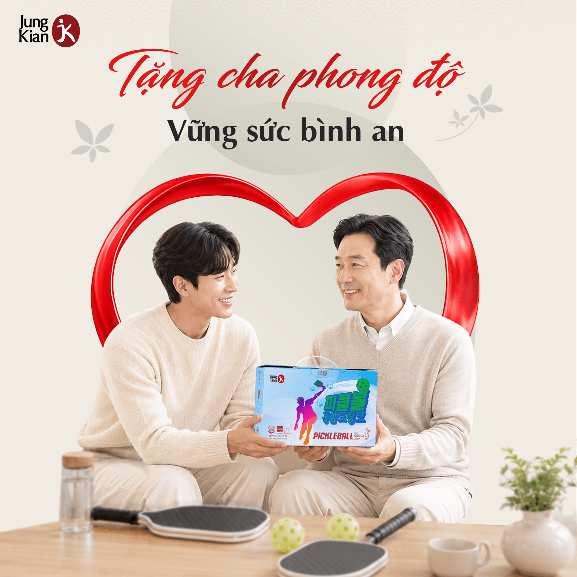 Nước uống hồng sâm Pickleball Jung Kian 6 làm quà Vu Lan cho cha mẹ năng động